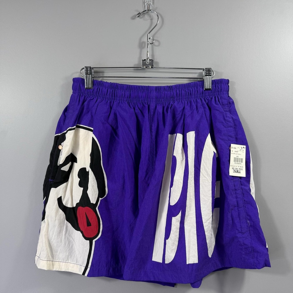 NWT Big Dogs Shorts Mens Large Purple Swim Trunks Lined Dog Graphic Elastic Logo